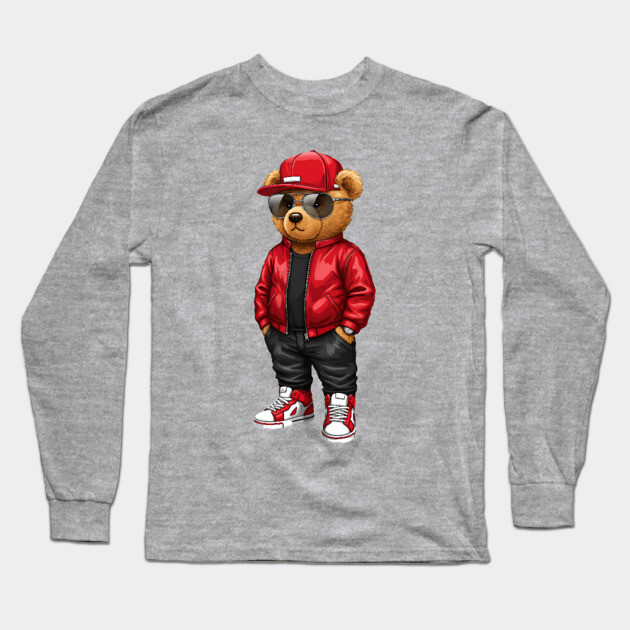 Hip-Hop Teddy Bear - Red Style Long Sleeve T-Shirt by UrbanLifeApparel