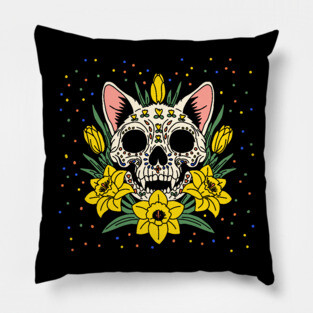 March's Daffodil & Cat Skull Pillow
