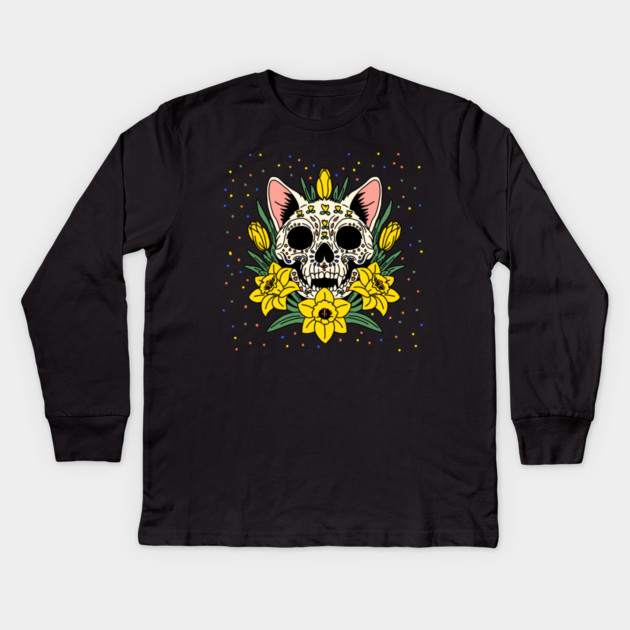 March's Daffodil & Cat Skull Kids Long Sleeve T-Shirt by H. R. Sinclair