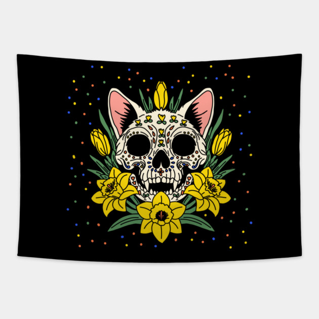 March's Daffodil & Cat Skull Tapestry by H. R. Sinclair