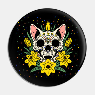 March's Daffodil & Cat Skull Pin