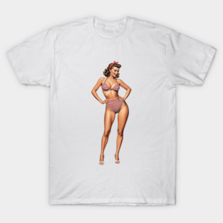 Retro Pin up Girl in Striped Swimsuit T-Shirt