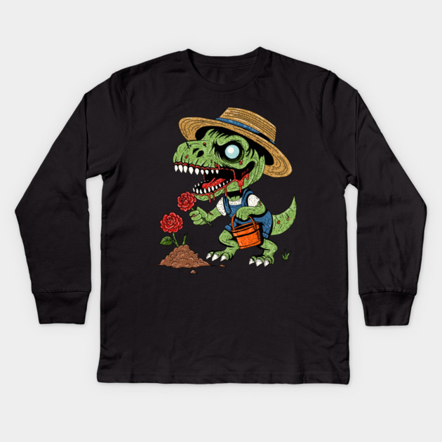 T-Rex Gardener Zombie Kids Long Sleeve T-Shirt by H. R. Sinclair