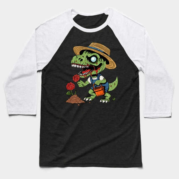 T-Rex Gardener Zombie Baseball T-Shirt by H. R. Sinclair