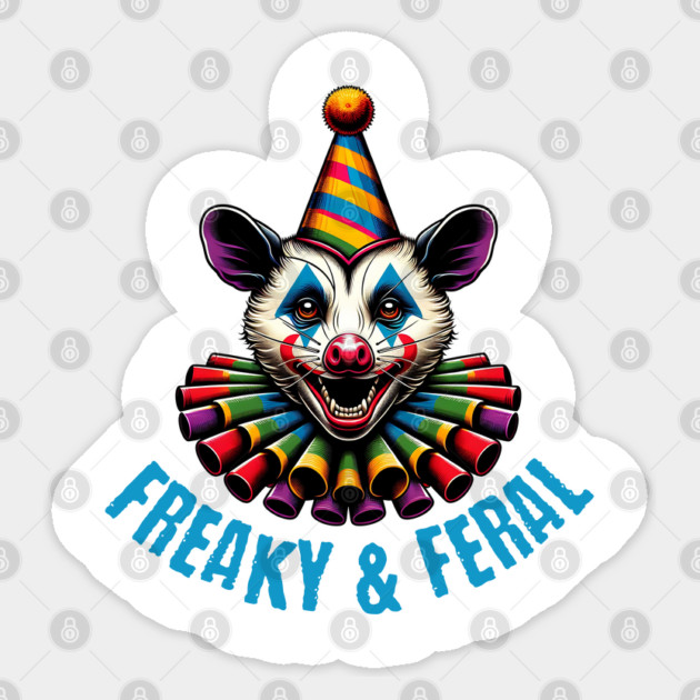 Freaky and Feral hissing laughing clown possum Sticker by Luxinda