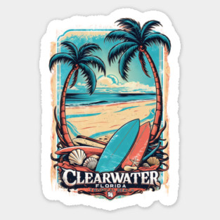 Clearwater Florida Tropical Beach Design – Palm Trees, Surfboards & Coastal Art Sticker