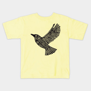 Intricate Black Bird Linocut Art - Op Art Kids T-Shirt