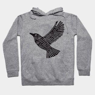 Intricate Black Bird Linocut Art - Op Art Hoodie
