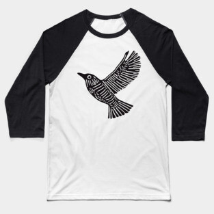Intricate Black Bird Linocut Art - Op Art Baseball T-Shirt