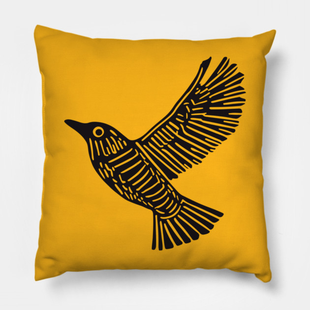 Intricate Black Bird Linocut Art - Op Art Pillow by TuncGK