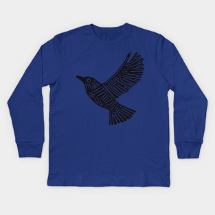 Intricate Black Bird Linocut Art - Op Art Kids Long Sleeve T-Shirt