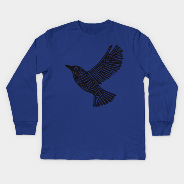 Intricate Black Bird Linocut Art - Op Art Kids Long Sleeve T-Shirt by TuncGK