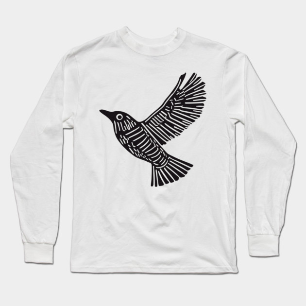Intricate Black Bird Linocut Art - Op Art Long Sleeve T-Shirt by TuncGK