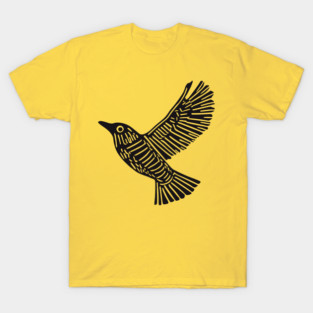 Intricate Black Bird Linocut Art - Op Art T-Shirt