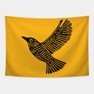 Intricate Black Bird Linocut Art - Op Art Tapestry