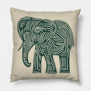 Majestic Elephant Linocut Art in Tribal Style Pillow