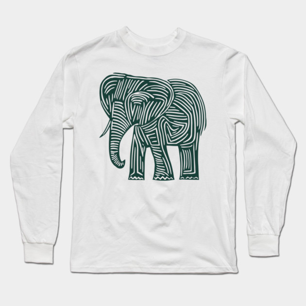 Majestic Elephant Linocut Art in Tribal Style Long Sleeve T-Shirt by TuncGK