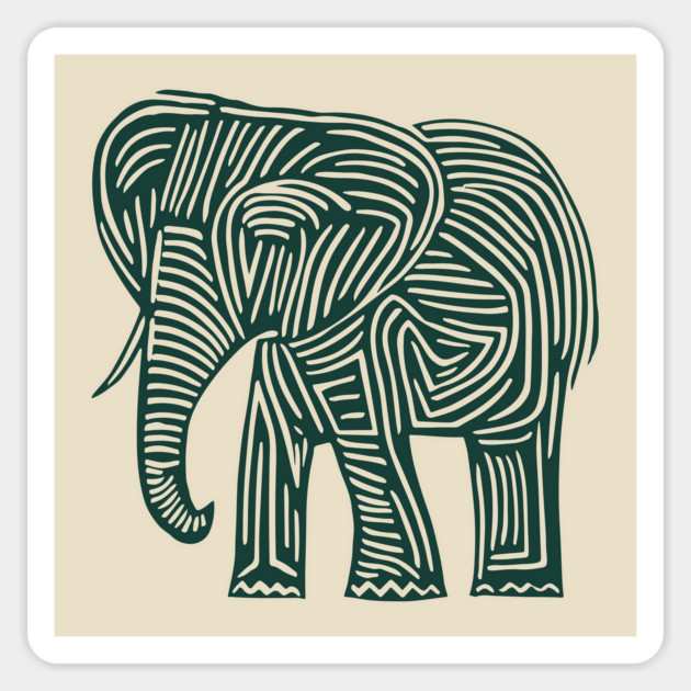 Majestic Elephant Linocut Art in Tribal Style Magnet by TuncGK