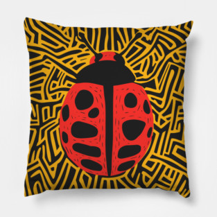 Bold Ladybug Linocut Design in Striking Patterns Pillow
