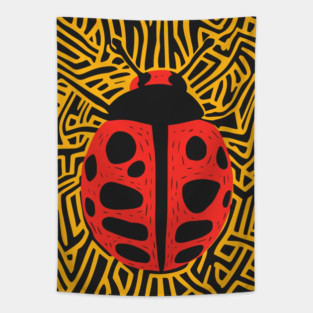 Bold Ladybug Linocut Design in Striking Patterns Tapestry