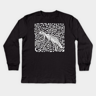 Elegant Praying Mantis Linocut - Geometric Modern Art Kids Long Sleeve T-Shirt