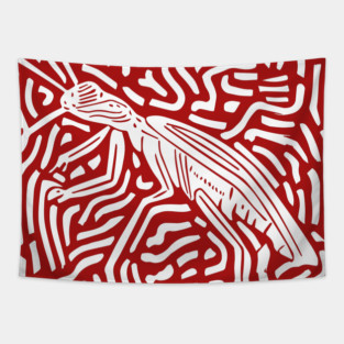 Elegant Praying Mantis Linocut - Geometric Modern Art Tapestry