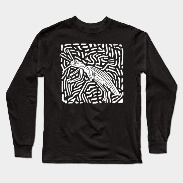 Elegant Praying Mantis Linocut - Geometric Modern Art Long Sleeve T-Shirt by TuncGK