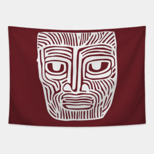 Tribal-Inspired Mask Linocut Design Tapestry