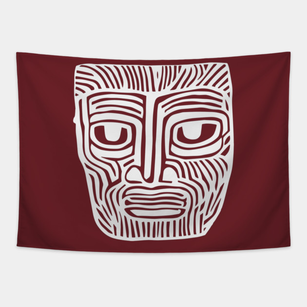 Tribal-Inspired Mask Linocut Design Tapestry by TuncGK