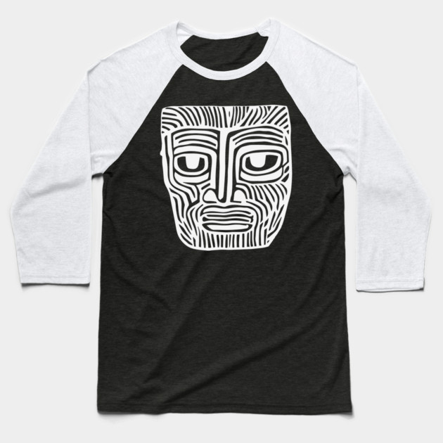 Tribal-Inspired Mask Linocut Design Baseball T-Shirt by TuncGK