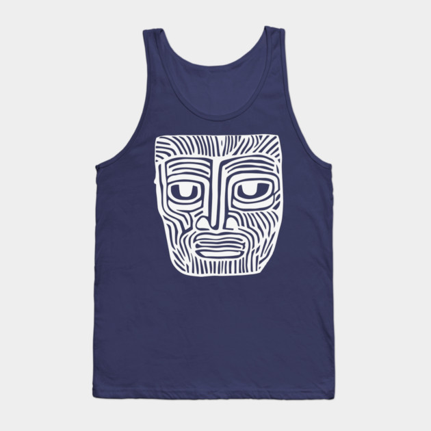 Tribal-Inspired Mask Linocut Design Tank Top by TuncGK