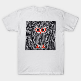 Abstract Owl Linocut Art in Monochrome T-Shirt