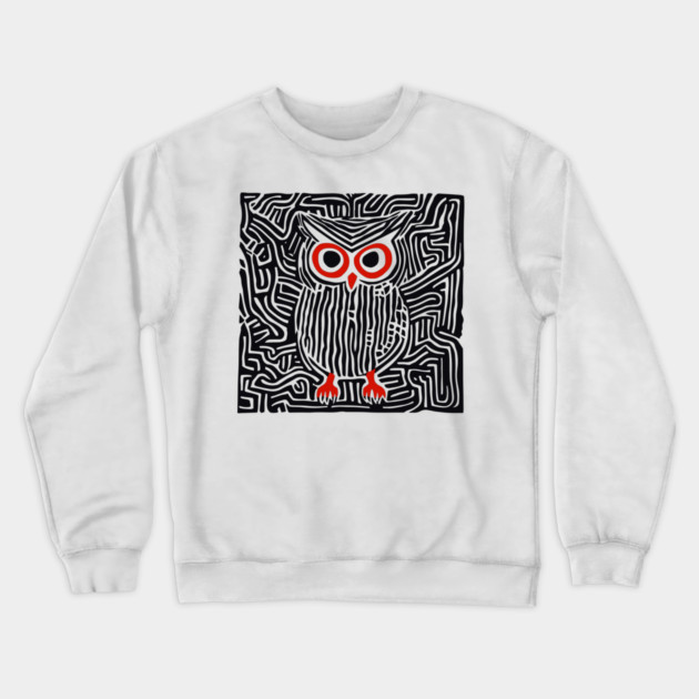 Abstract Owl Linocut Art in Monochrome Crewneck Sweatshirt by TuncGK