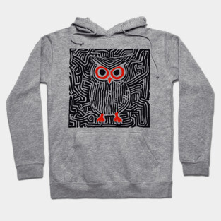 Abstract Owl Linocut Art in Monochrome Hoodie