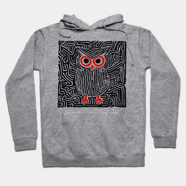 Abstract Owl Linocut Art in Monochrome Hoodie by TuncGK