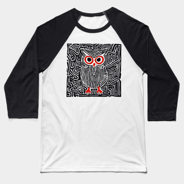 Abstract Owl Linocut Art in Monochrome Baseball T-Shirt by TuncGK