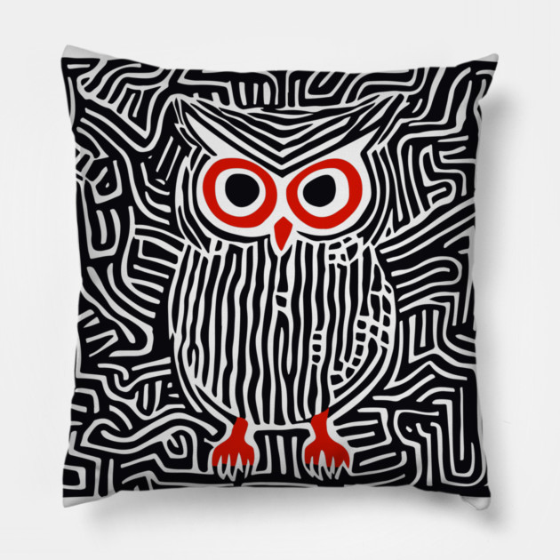 Abstract Owl Linocut Art in Monochrome Pillow by TuncGK