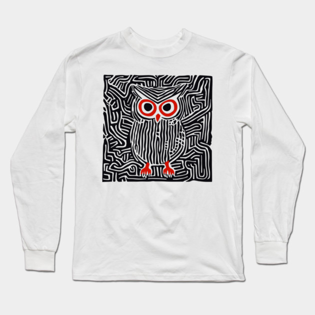 Abstract Owl Linocut Art in Monochrome Long Sleeve T-Shirt by TuncGK
