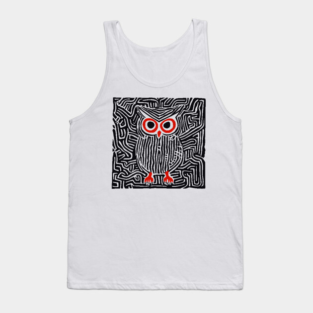 Abstract Owl Linocut Art in Monochrome Tank Top by TuncGK