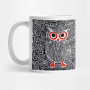 Abstract Owl Linocut Art in Monochrome Mug