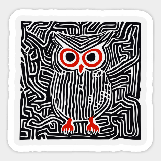 Abstract Owl Linocut Art in Monochrome Magnet by TuncGK