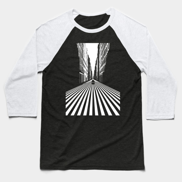Endless Perspective Geometric Cityscape Op Art Design Baseball T-Shirt by TuncGK