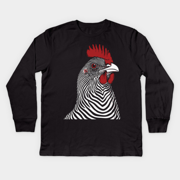 Striking Rooster Op Art Design in Bold Colors Kids Long Sleeve T-Shirt by TuncGK