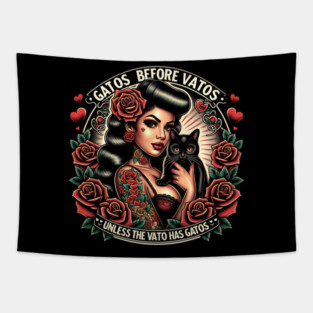 Gatos Before Vatos Black Cat Mexican Chingona Pin-Up Queen Tapestry