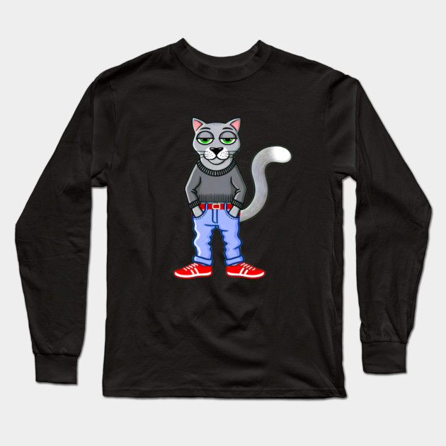 Funny Chilled Gray Cat, Love Cats Long Sleeve T-Shirt by logiamerch
