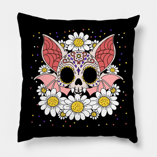 April's Daisies & Bat Skull Pillow by H. R. Sinclair