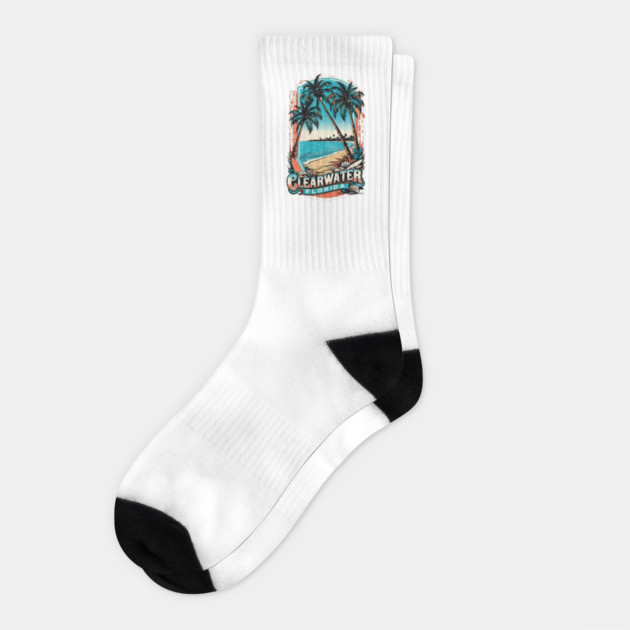 Clearwater Florida Vintage Beach Design – Palm Trees, Surfboards & Coastal Vibes Socks by WarFX Designs