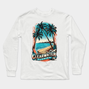 Clearwater Florida Vintage Beach Design – Palm Trees, Surfboards & Coastal Vibes Long Sleeve T-Shirt