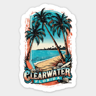 Clearwater Florida Vintage Beach Design – Palm Trees, Surfboards & Coastal Vibes Sticker