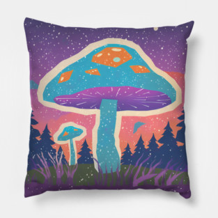 Psychedelic Mushroom Forest - Vibrant Risograph Art Pillow